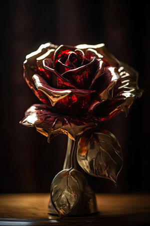 Red rose in a vase on a wooden table. Dark background.の素材