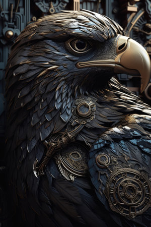 3D rendering of a fantasy world with a golden eagle in the backgroundの素材