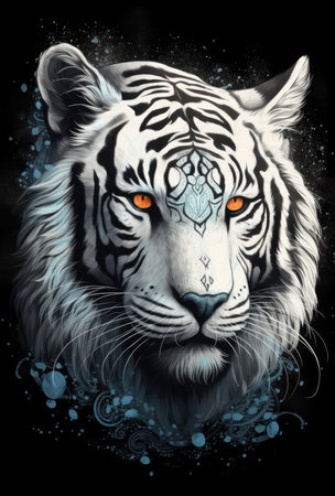 White tiger with blue and orange ornament on black background, digital paintingの素材