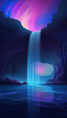 Fantasy landscape with waterfall and starry sky. Vector illustration.の素材