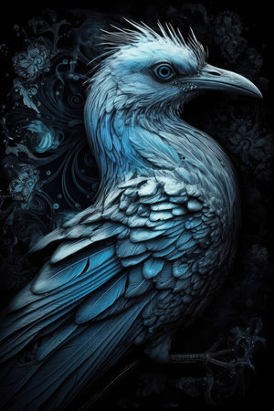 Illustration of a crow on a black background with a floral ornamentの素材