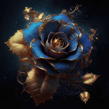 Blue rose with gold ornament on dark background. 3D illustration.の素材