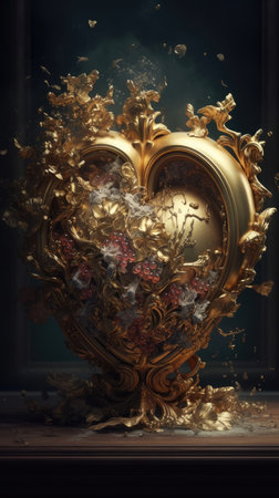 Golden heart with floral ornament in vintage style. 3D illustration.の素材