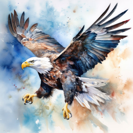 Bald Eagle flying in the blue sky. Digital watercolor painting.の素材