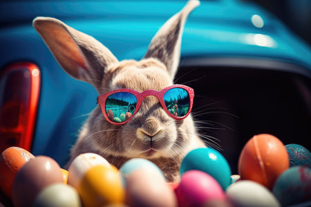 Easter bunny in sunglasses with colorful eggs in the trunk of a carの素材