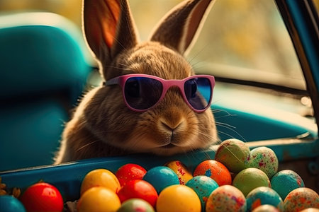 Easter bunny in sunglasses with colorful eggs in the old car.の素材