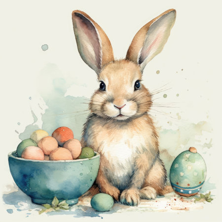Easter bunny and easter eggs. Watercolor hand drawn illustrationの素材