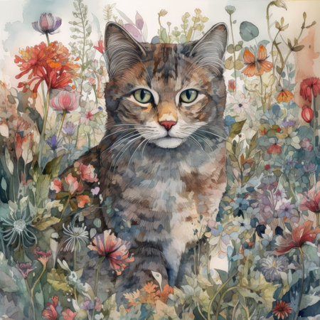 Watercolor drawing of a cat on a background of wildflowersの素材