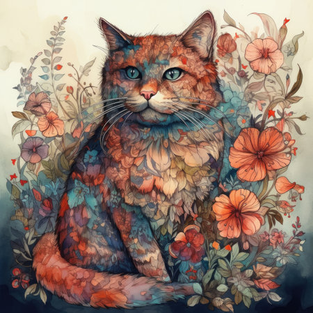 Portrait of a red cat with flowers. Hand-drawn illustration.の素材