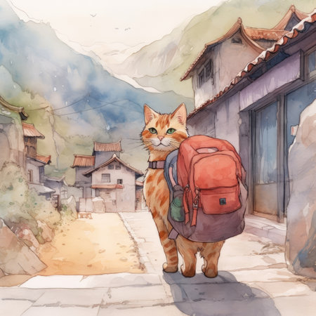 Watercolor illustration of a cat with a backpack on the street.の素材