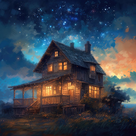 Old wooden house in the night sky with stars. Digital painting.の素材