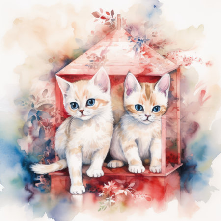 Watercolor illustration of two cute kittens sitting in a wooden box.の素材