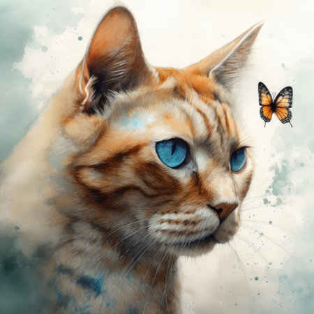 Cat with blue eyes and butterfly. Digital painting of a cat.の素材