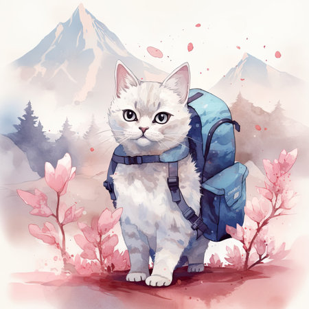 Watercolor illustration of a cute cat with a backpack in the mountains.の素材
