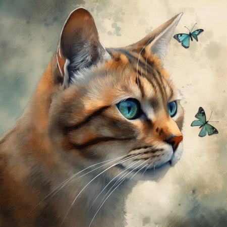 Illustration of a cat with a butterfly in its mouth. Digital painting.の素材