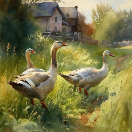 Watercolor painting of a pair of geese in the meadowの素材