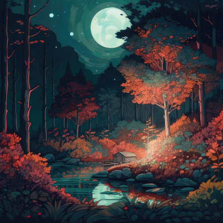 Fantasy forest landscape with lake and house at night. Digital painting.の素材