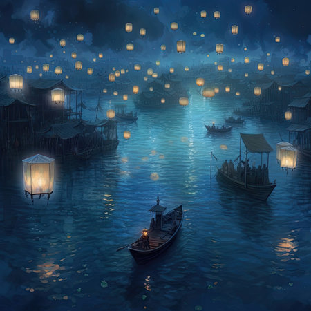Fantasy landscape with boats and lanterns in the water, 3d illustrationの素材