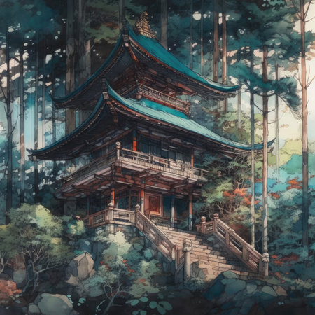 Pagoda in the forest. Digital painting. Illustration.の素材