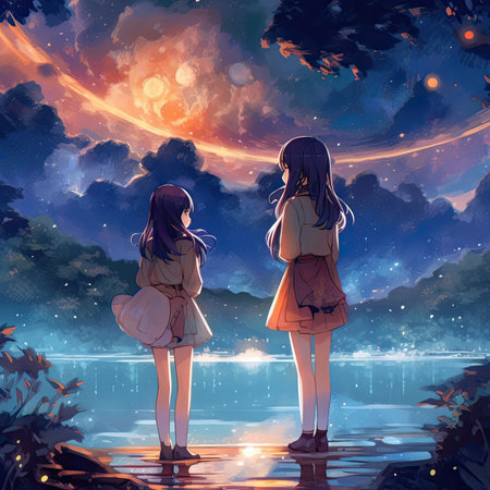 Two girls look at the moon above the lake in the night.の素材