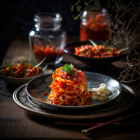 Pasta with tomato sauce and mozzarella on a dark backgroundの素材