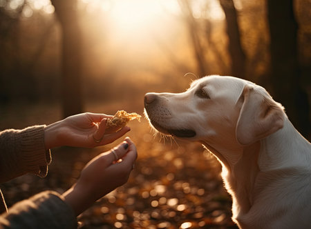 Labrador retriever dog eating a cookie in the park at sunsetの素材