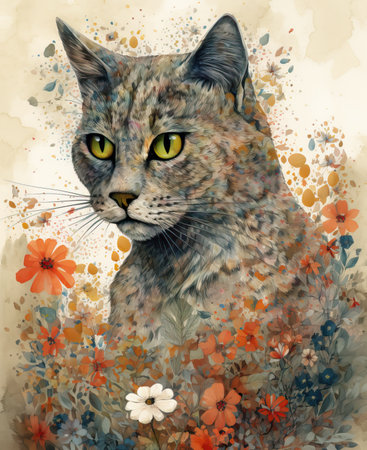 Cat with flowers and leaves on a grunge background. Digital painting.の素材