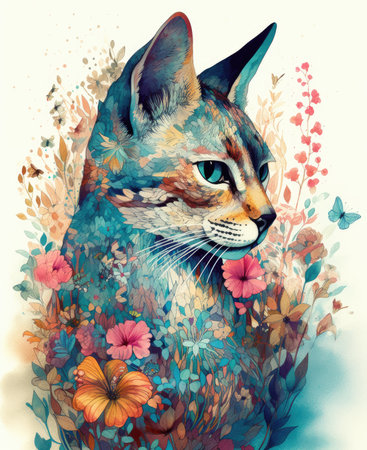 Watercolor portrait of a cat with flowers and butterflies. Digital painting.の素材
