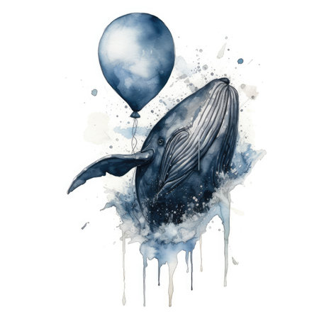 Watercolor whale with balloon on white background. Hand drawn illustration.の素材