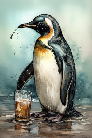 Penguin with a glass of whiskey. Digital watercolor painting.の素材