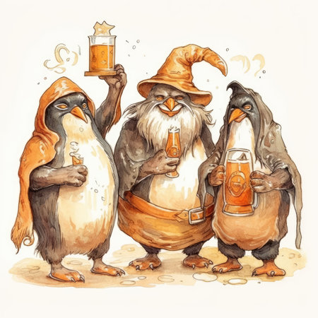 Penguins with a glass of beer. Hand drawn vector illustration.の素材