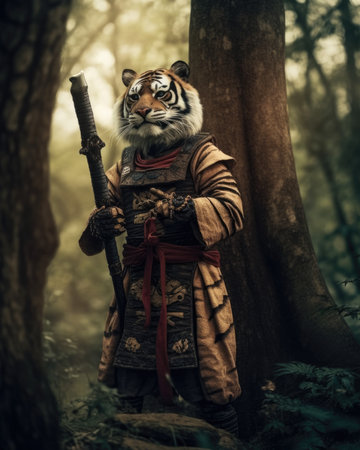 Siberian Tiger warrior in the forest with a sword and armorの素材