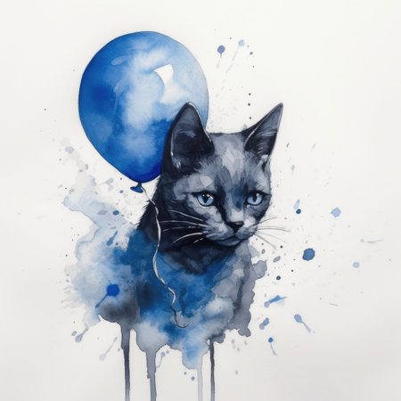 Watercolor portrait of a cat with a blue balloon on a white backgroundの素材