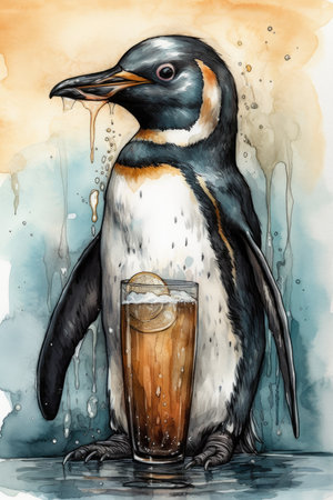 Penguin with a glass of beer. Watercolor illustration.の素材