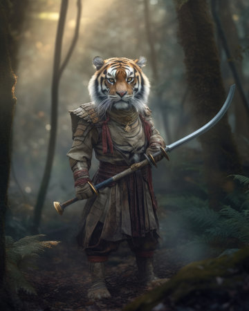 Tiger warrior with a sword in the forest. 3d rendering.の素材