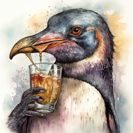 Penguin with a glass of beer. Watercolor illustration.の素材