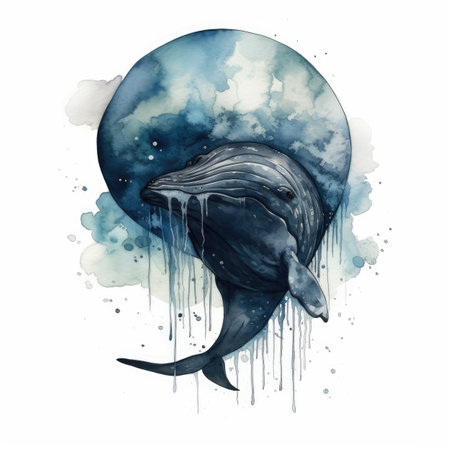 Watercolor whale in the ocean. Hand drawn illustration on white backgroundの素材
