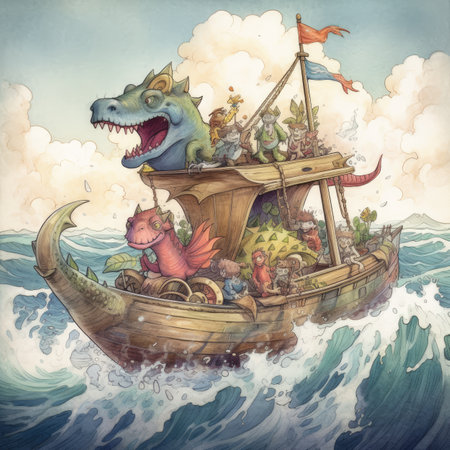 Fantasy dragon in a boat on the sea. Fantasy illustration.の素材