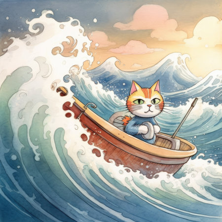 Cute cat in a boat on the waves. Watercolor illustration.の素材