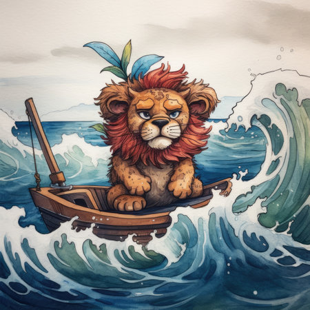 Lion in the boat on the waves. Watercolor illustration.の素材