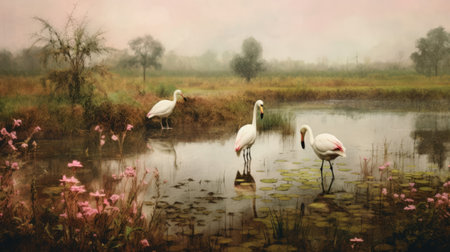Flamingo in the pond. Digital painting. Vintage style.の素材