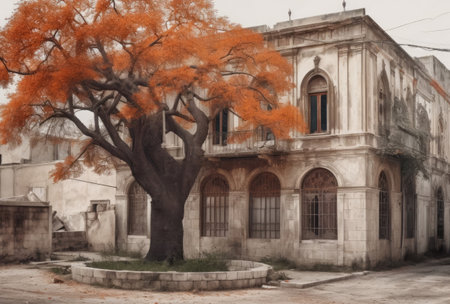 Old building with red tree in the center of Havana, Cuba.の素材