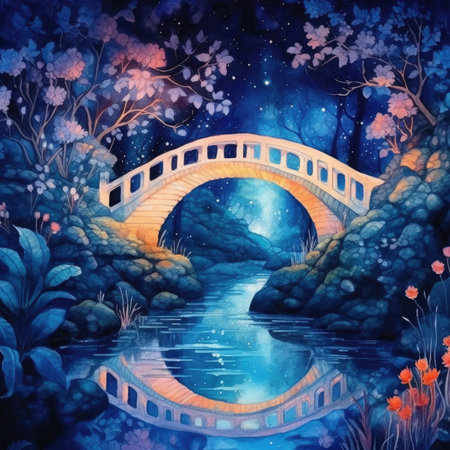 Beautiful fantasy landscape with a bridge in the river. Digital painting.の素材