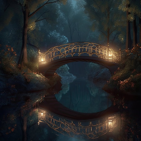 Fantasy landscape with bridge in the forest at night. 3D renderingの素材