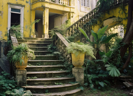 Stone stairs in the garden with green plants in front of the houseの素材