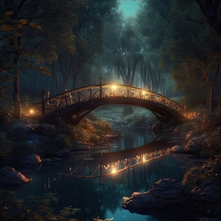 Fantasy landscape with bridge in the forest. 3D illustration.の素材