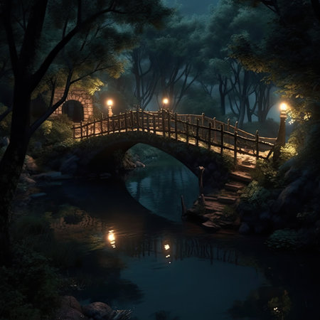 Bridge over the river in the forest at night. 3D renderingの素材