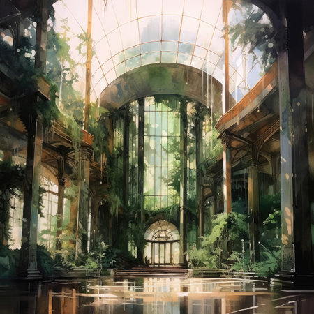 Watercolor painting of the interior of a modern building with glass wallsの素材