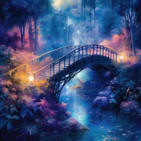 Bridge over the river at night. Digital painting with watercolor effect.の素材