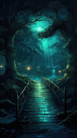 Fantasy dark forest with a wooden path leading to an old castleの素材